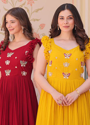 Maroon, Yellow & Purple Woven Work Silk Gown pack of 3