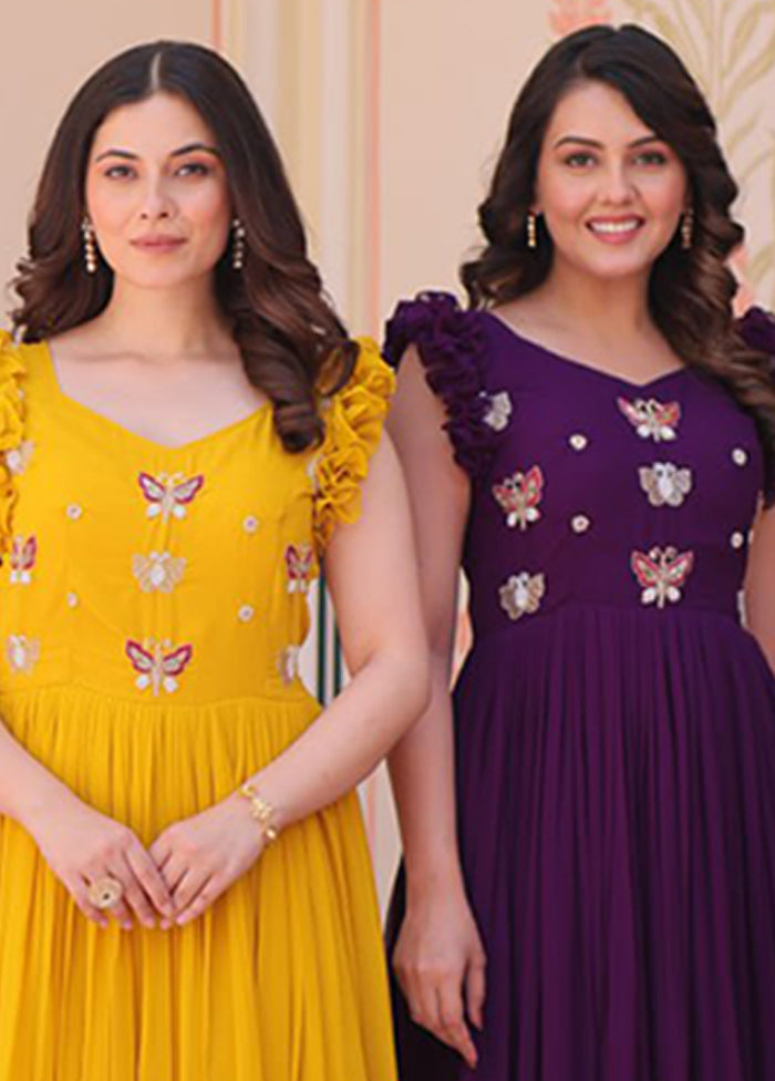 Maroon, Yellow & Purple Woven Work Silk Gown pack of 3