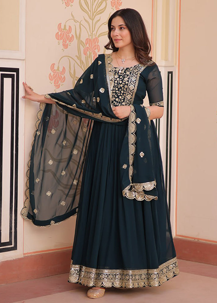 Green Woven Work Silk Gown With Dupatta