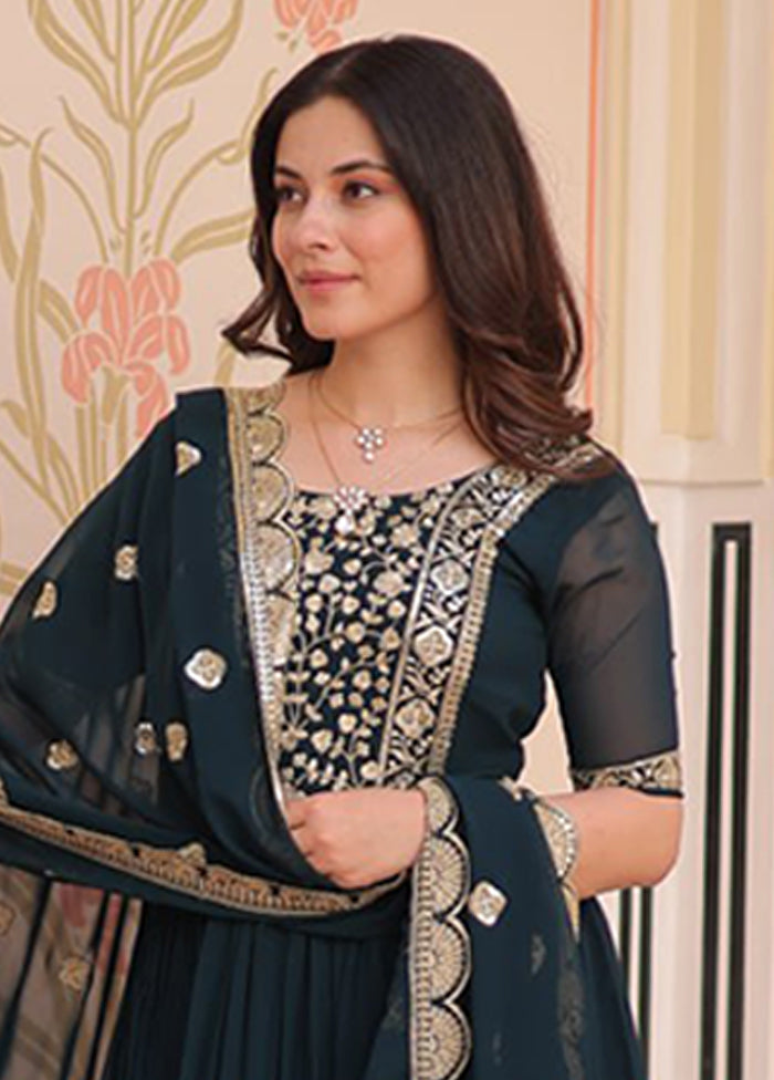 Green Woven Work Silk Gown With Dupatta