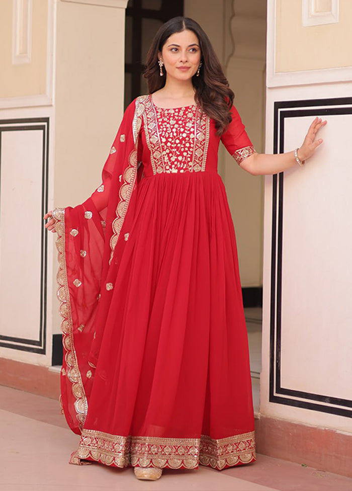 Red Woven Work Silk Gown With Dupatta