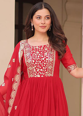 Red Woven Work Silk Gown With Dupatta