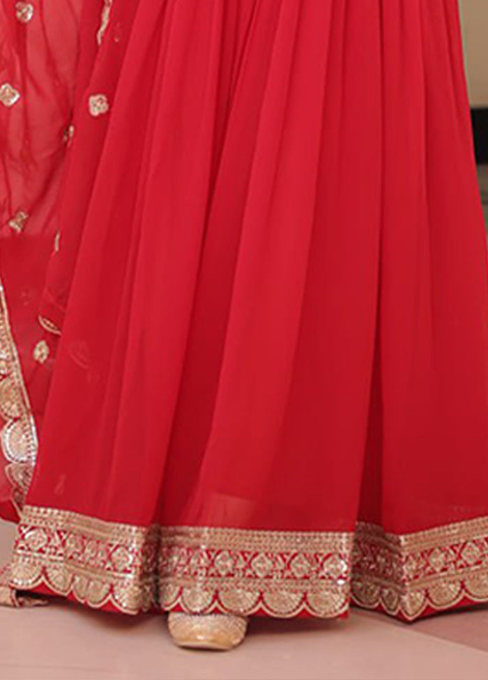Red Woven Work Silk Gown With Dupatta