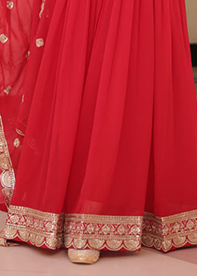 Red Woven Work Silk Gown With Dupatta