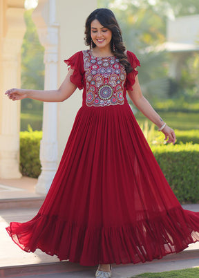 Maroon Woven Work Silk Gown