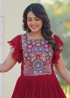 Maroon Woven Work Silk Gown