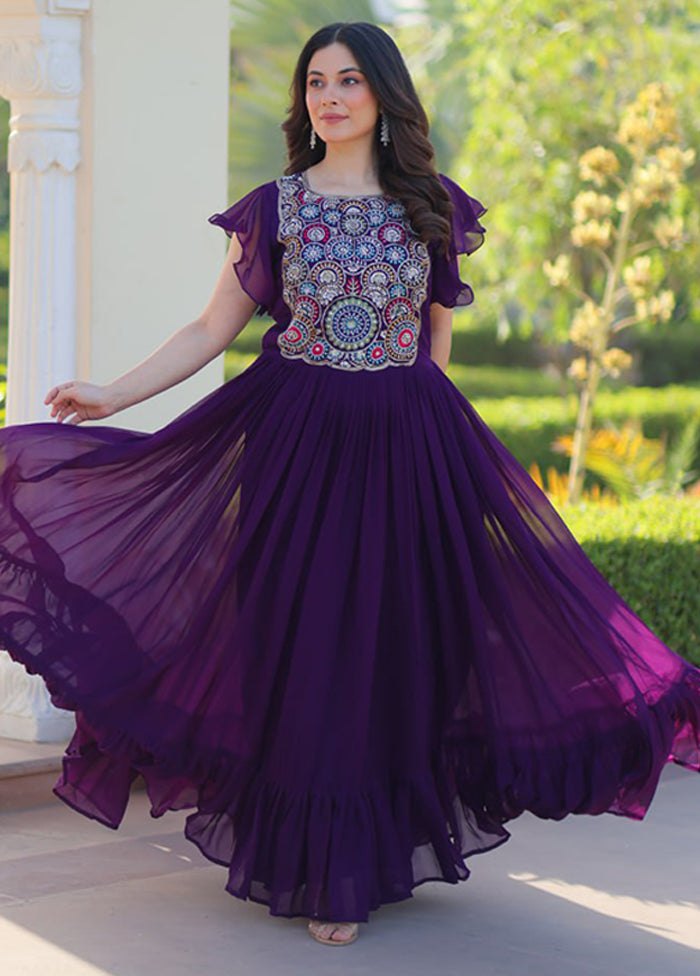 Purple Woven Work Silk Gown