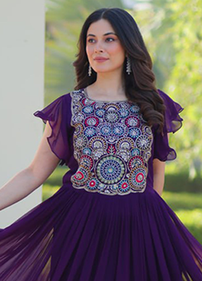 Purple Woven Work Silk Gown