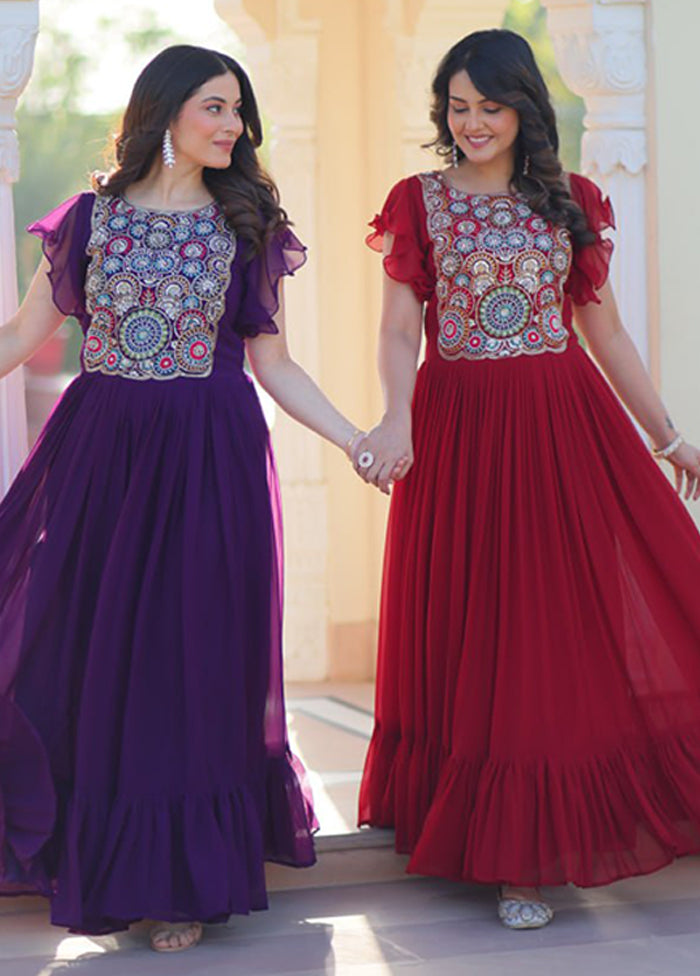Purple & Maroon Woven Work Silk Gown