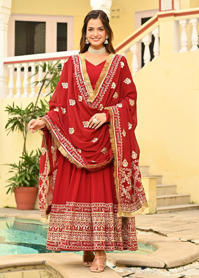 Red Woven Work Silk Gown With Dupatta
