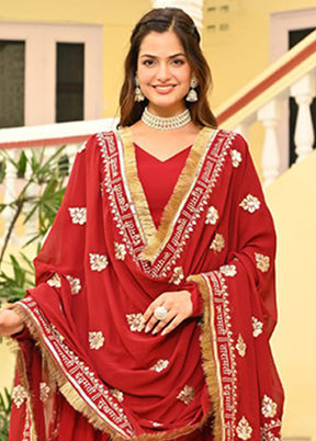 Red Woven Work Silk Gown With Dupatta