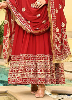 Red Woven Work Silk Gown With Dupatta