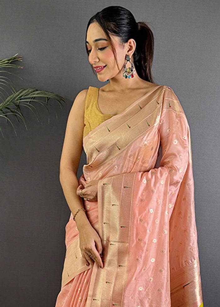 Peach Spun Silk Saree With Blouse Piece