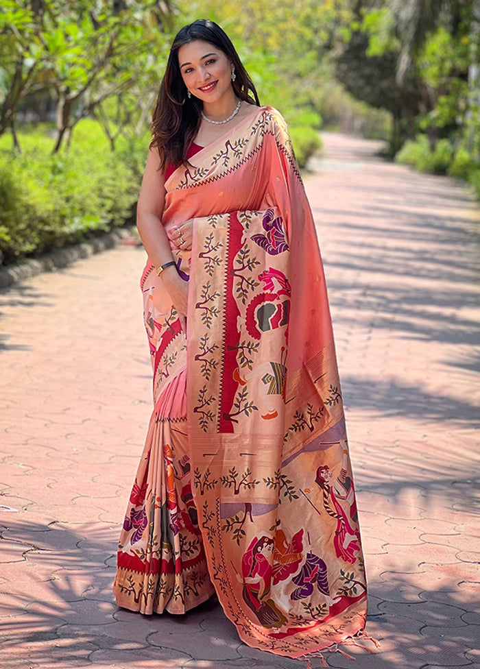 Peach Spun Silk Saree With Blouse Piece