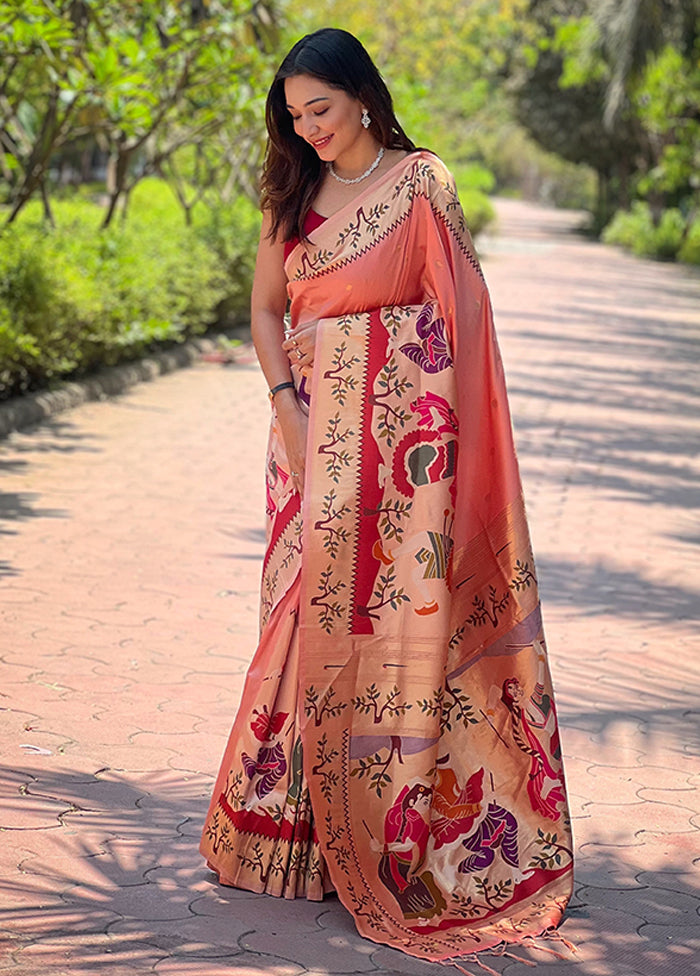 Peach Spun Silk Saree With Blouse Piece