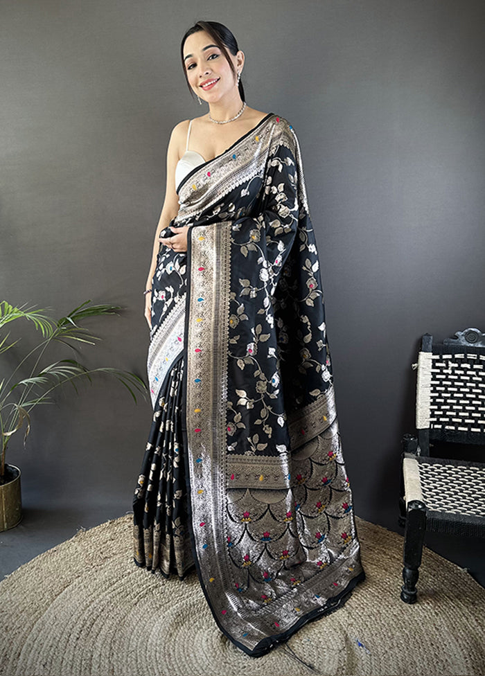 Black Spun Silk Saree With Blouse Piece