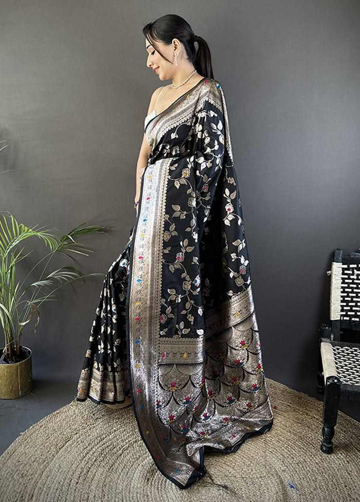 Black Spun Silk Saree With Blouse Piece