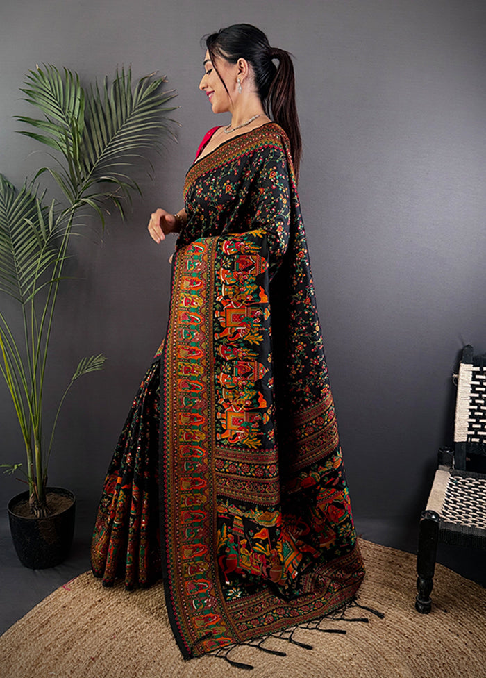 Black Spun Silk Saree With Blouse Piece