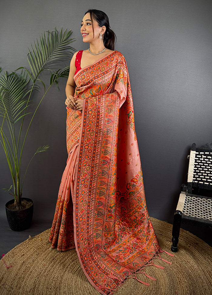Peach Spun Silk Saree With Blouse Piece