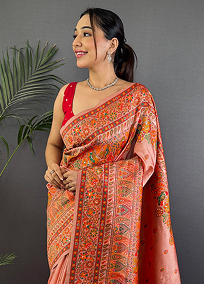Peach Spun Silk Saree With Blouse Piece
