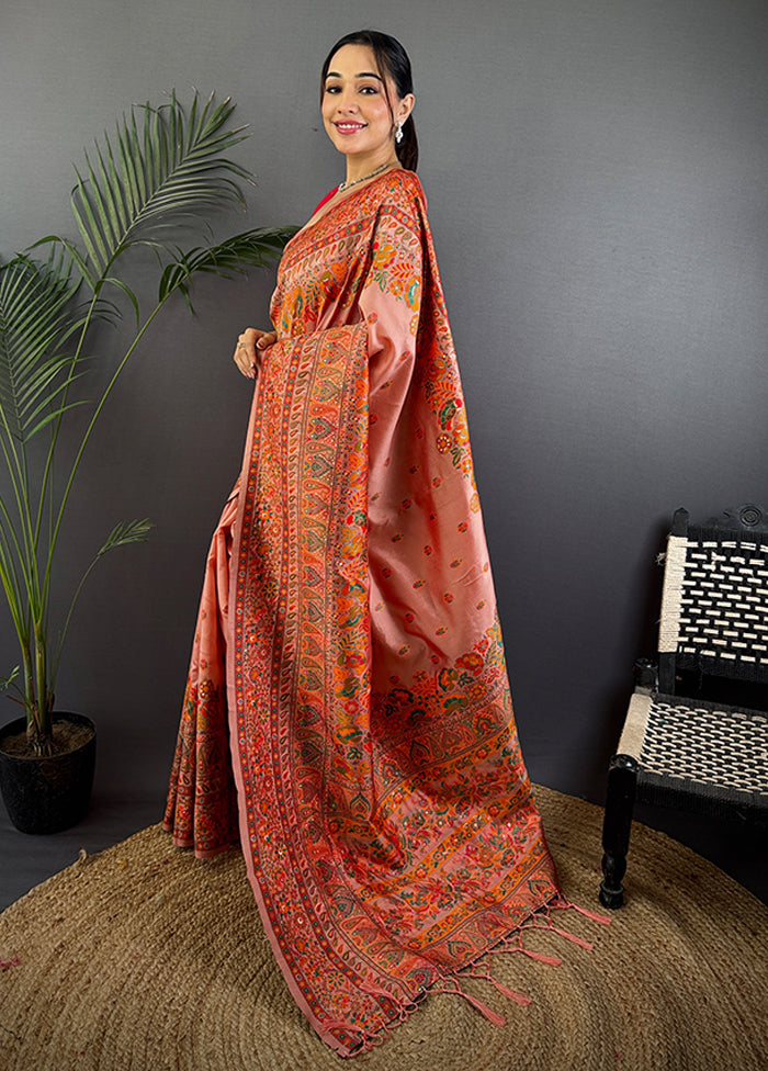 Peach Spun Silk Saree With Blouse Piece