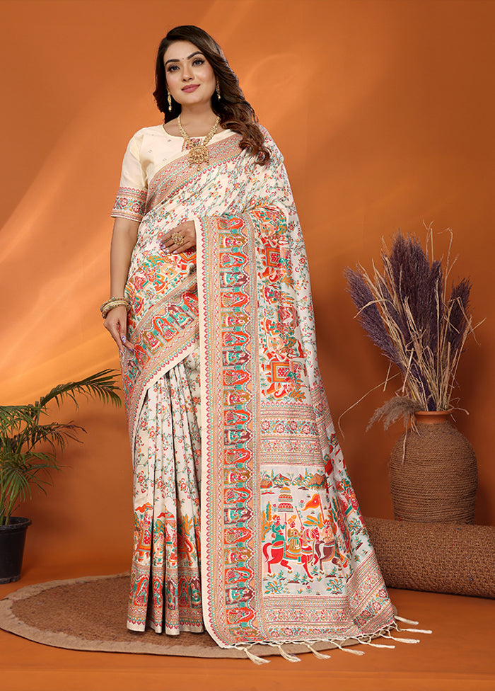 Cream Spun Silk Saree With Blouse Piece