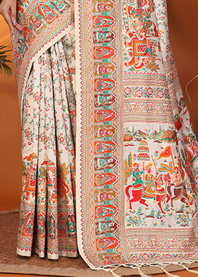 Cream Spun Silk Saree With Blouse Piece