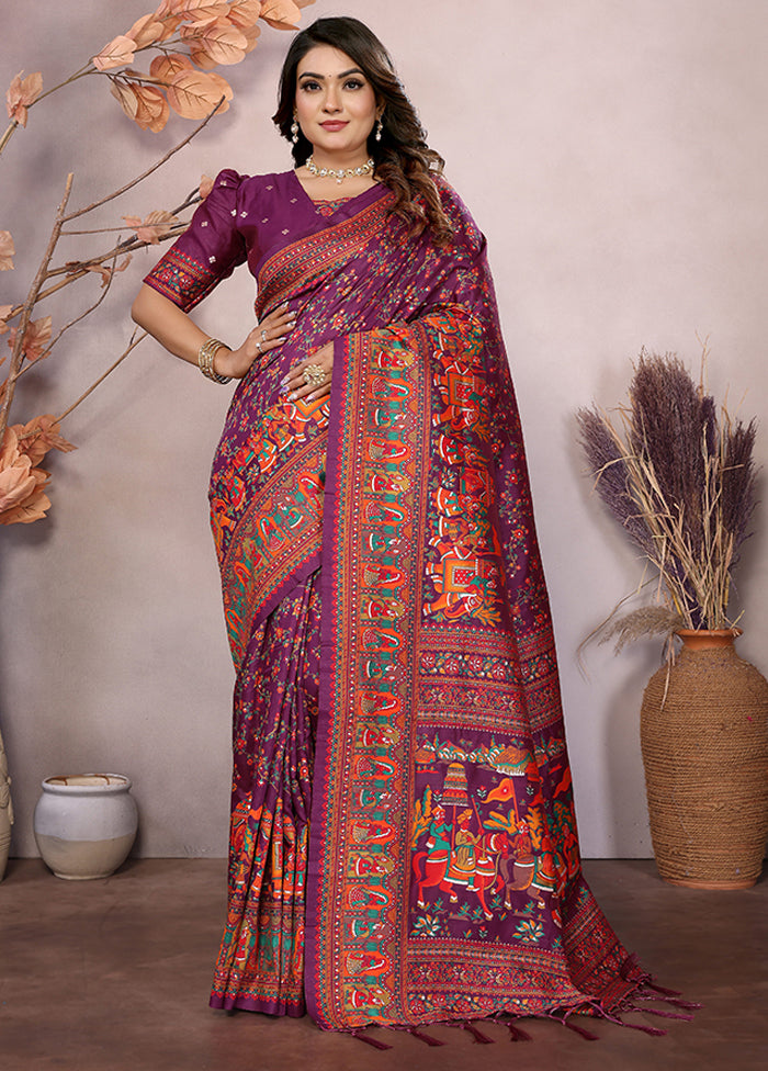 Wine Spun Silk Saree With Blouse Piece