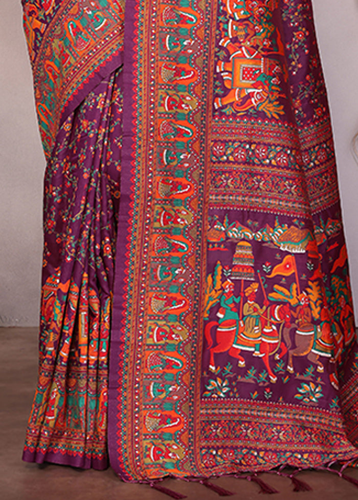 Wine Spun Silk Saree With Blouse Piece