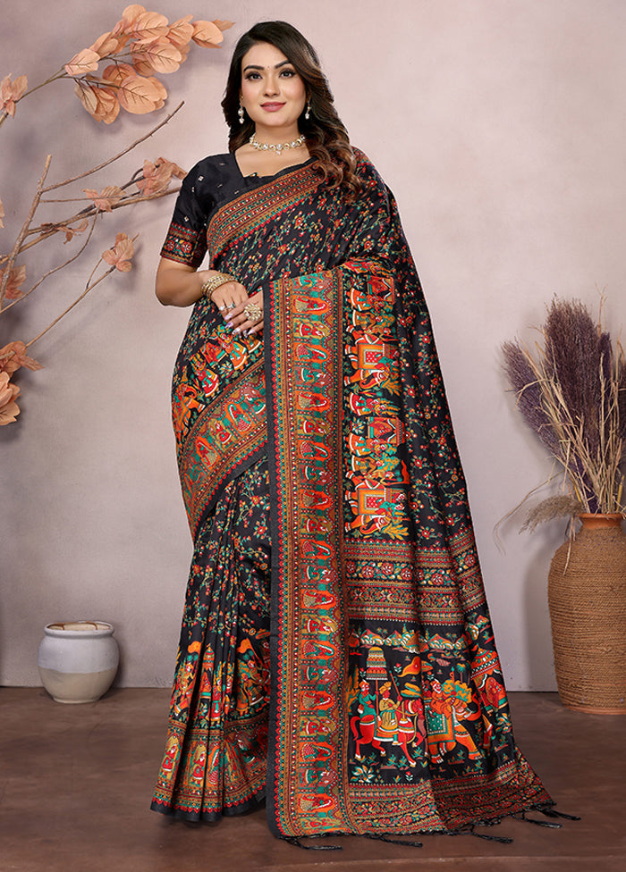 Black Spun Silk Saree With Blouse Piece