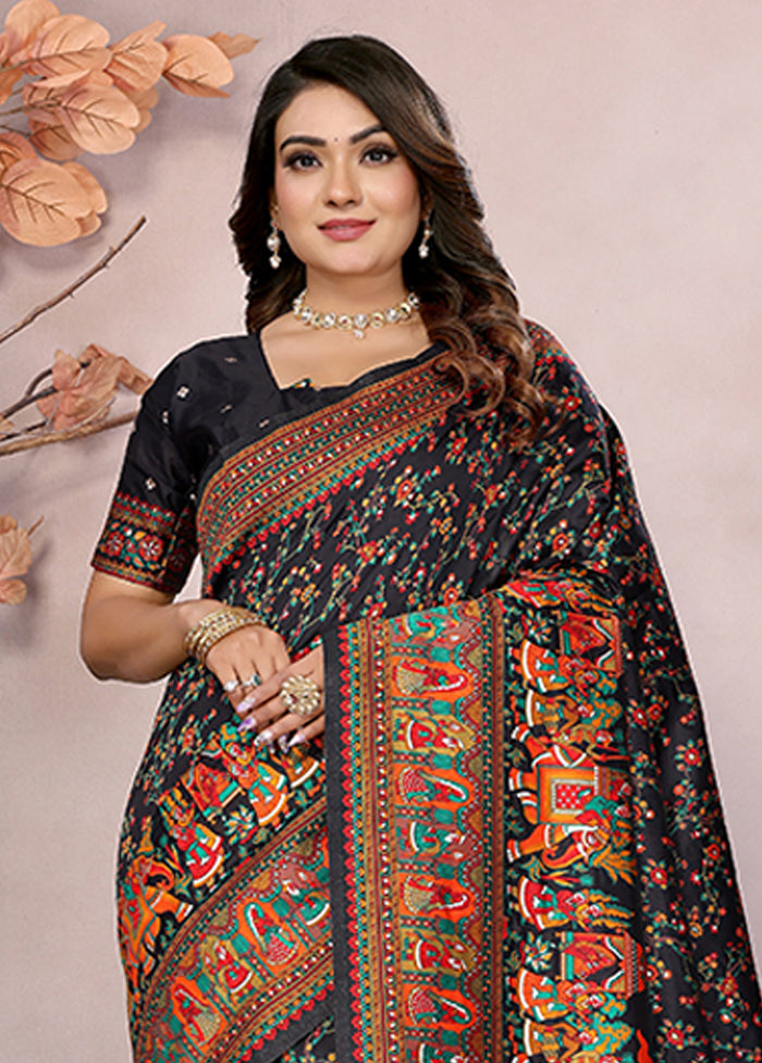 Black Spun Silk Saree With Blouse Piece