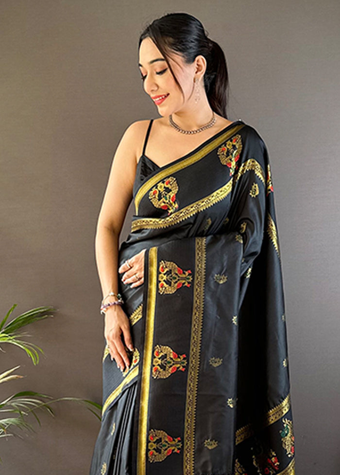 Black Spun Silk Saree With Blouse Piece