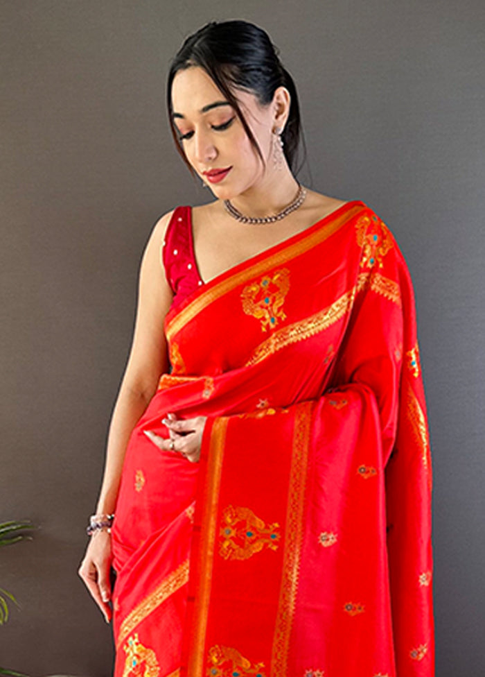 Red Spun Silk Saree With Blouse Piece