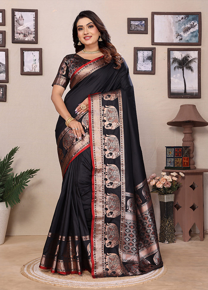 Black Spun Silk Saree With Blouse Piece