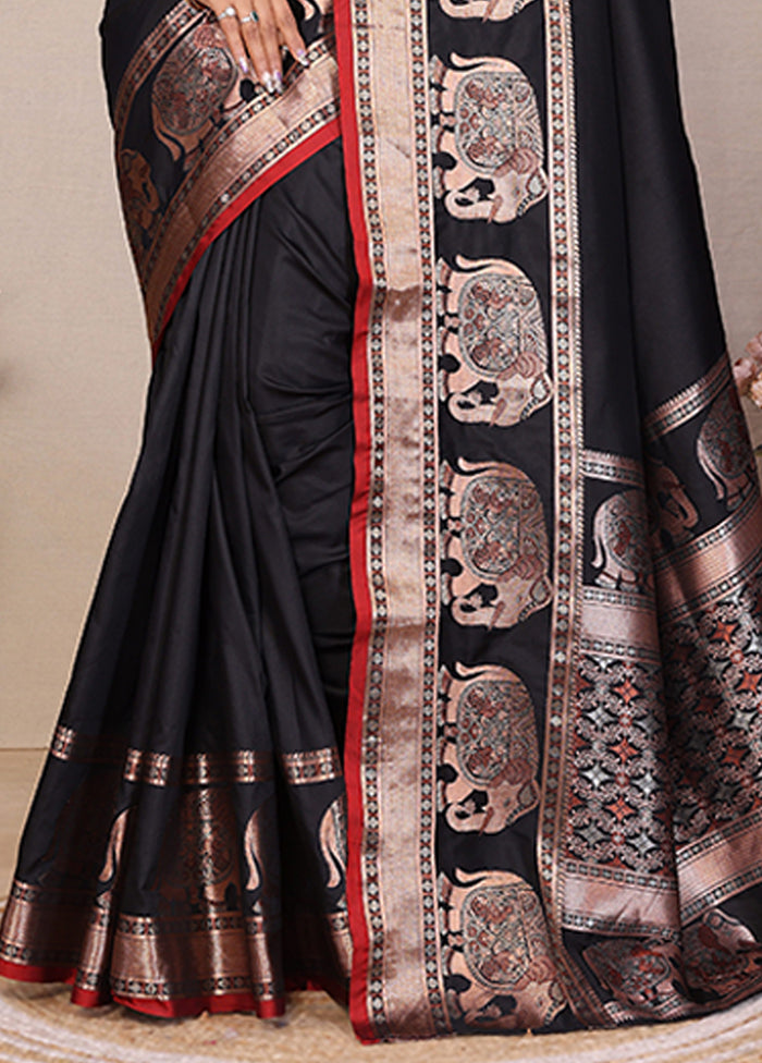 Black Spun Silk Saree With Blouse Piece