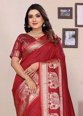 Red Spun Silk Saree With Blouse Piece