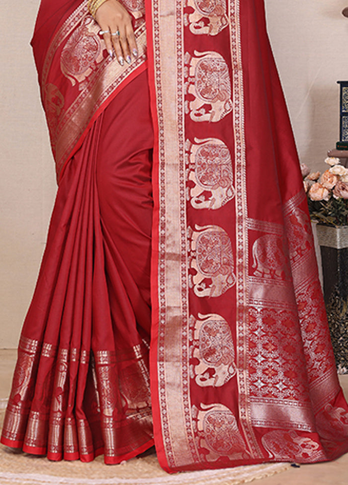 Red Spun Silk Saree With Blouse Piece