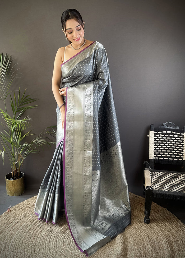 Grey Spun Silk Saree With Blouse Piece