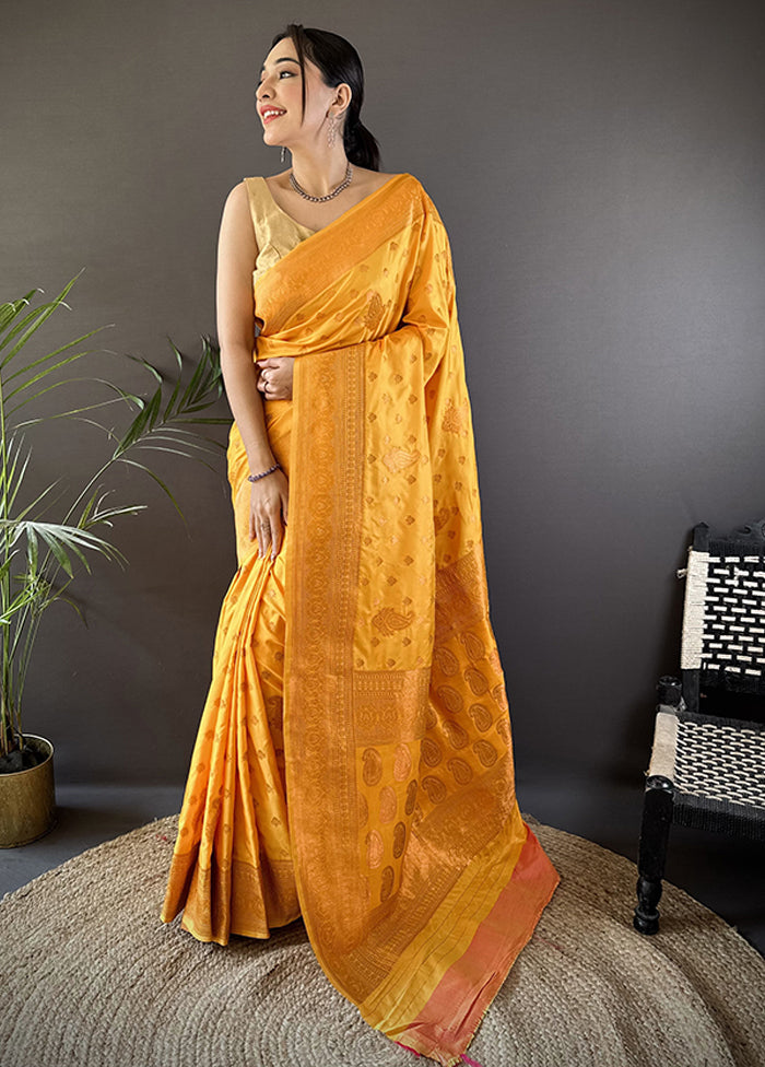 Yellow Spun Silk Saree With Blouse Piece