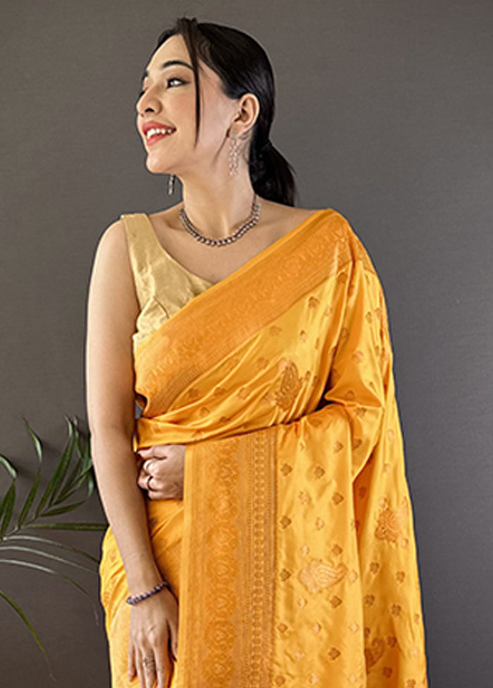 Yellow Spun Silk Saree With Blouse Piece