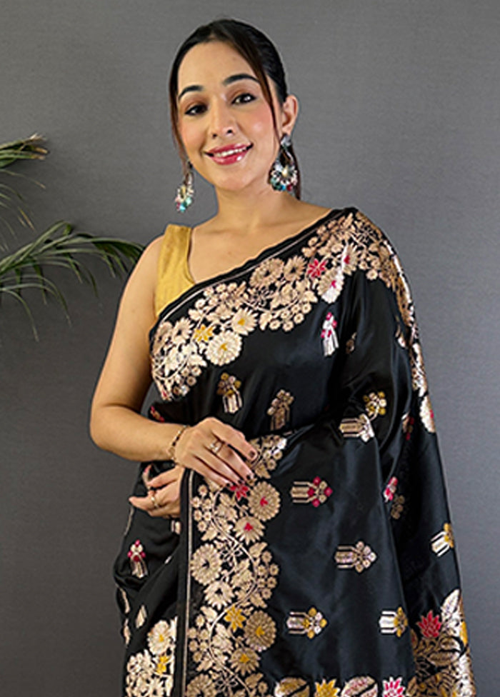 Black Spun Silk Saree With Blouse Piece