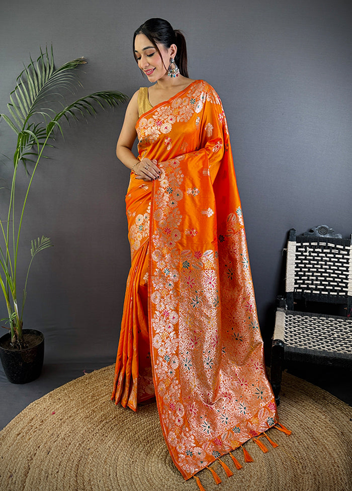 Orange Spun Silk Saree With Blouse Piece