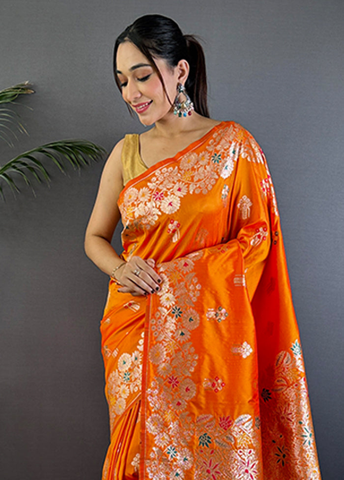 Orange Spun Silk Saree With Blouse Piece