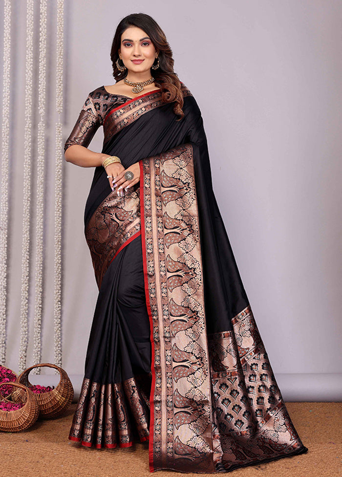 Black Spun Silk Saree With Blouse Piece