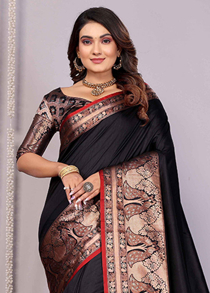 Black Spun Silk Saree With Blouse Piece