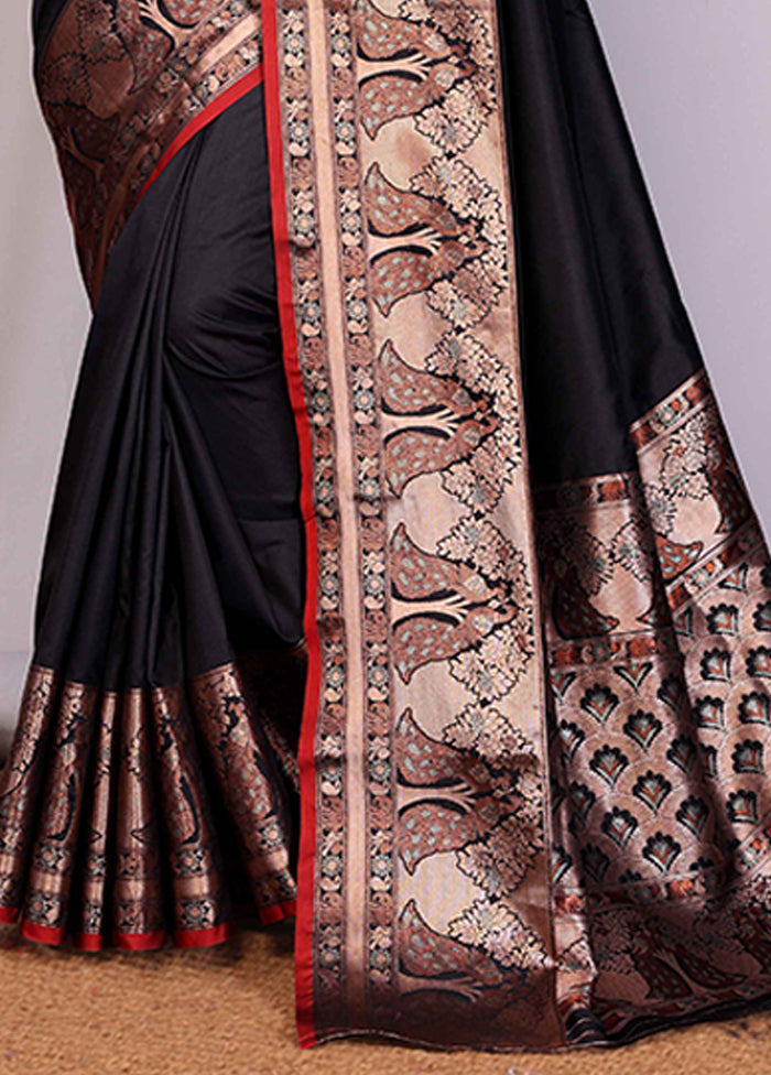 Black Spun Silk Saree With Blouse Piece