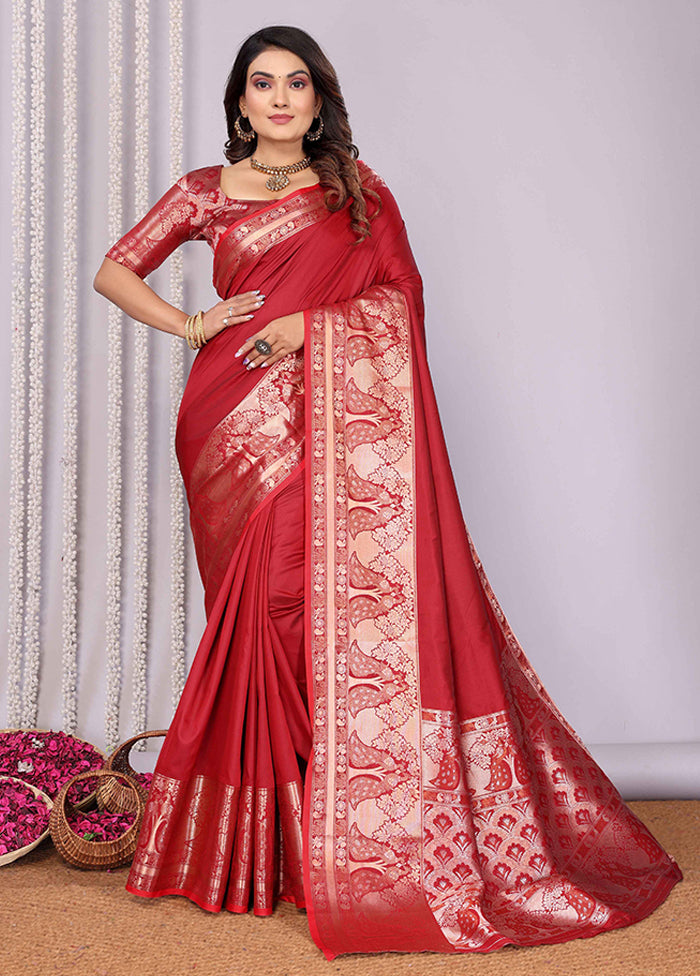 Red Spun Silk Saree With Blouse Piece