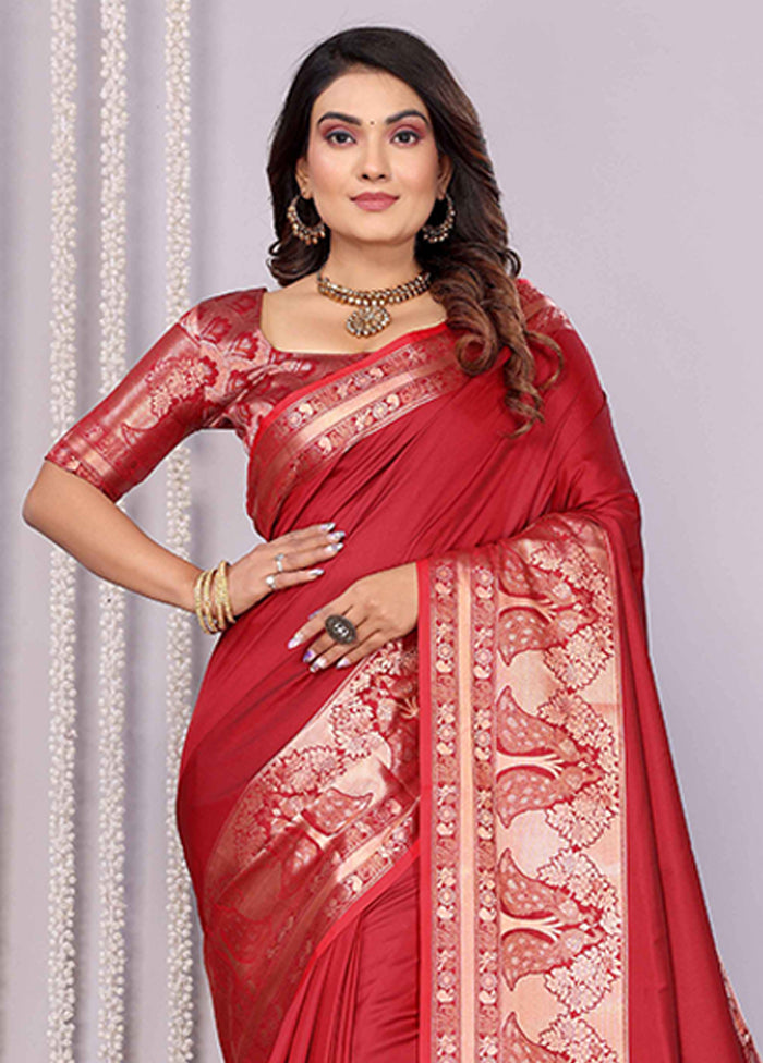 Red Spun Silk Saree With Blouse Piece