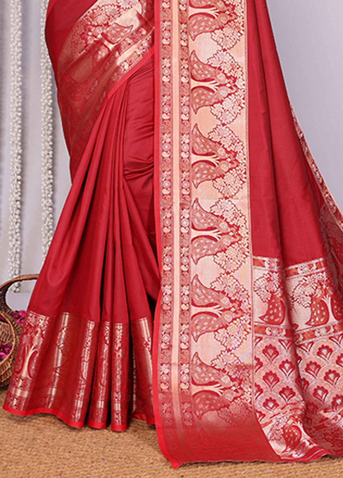 Red Spun Silk Saree With Blouse Piece