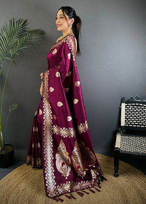 Wine Spun Silk Saree With Blouse Piece